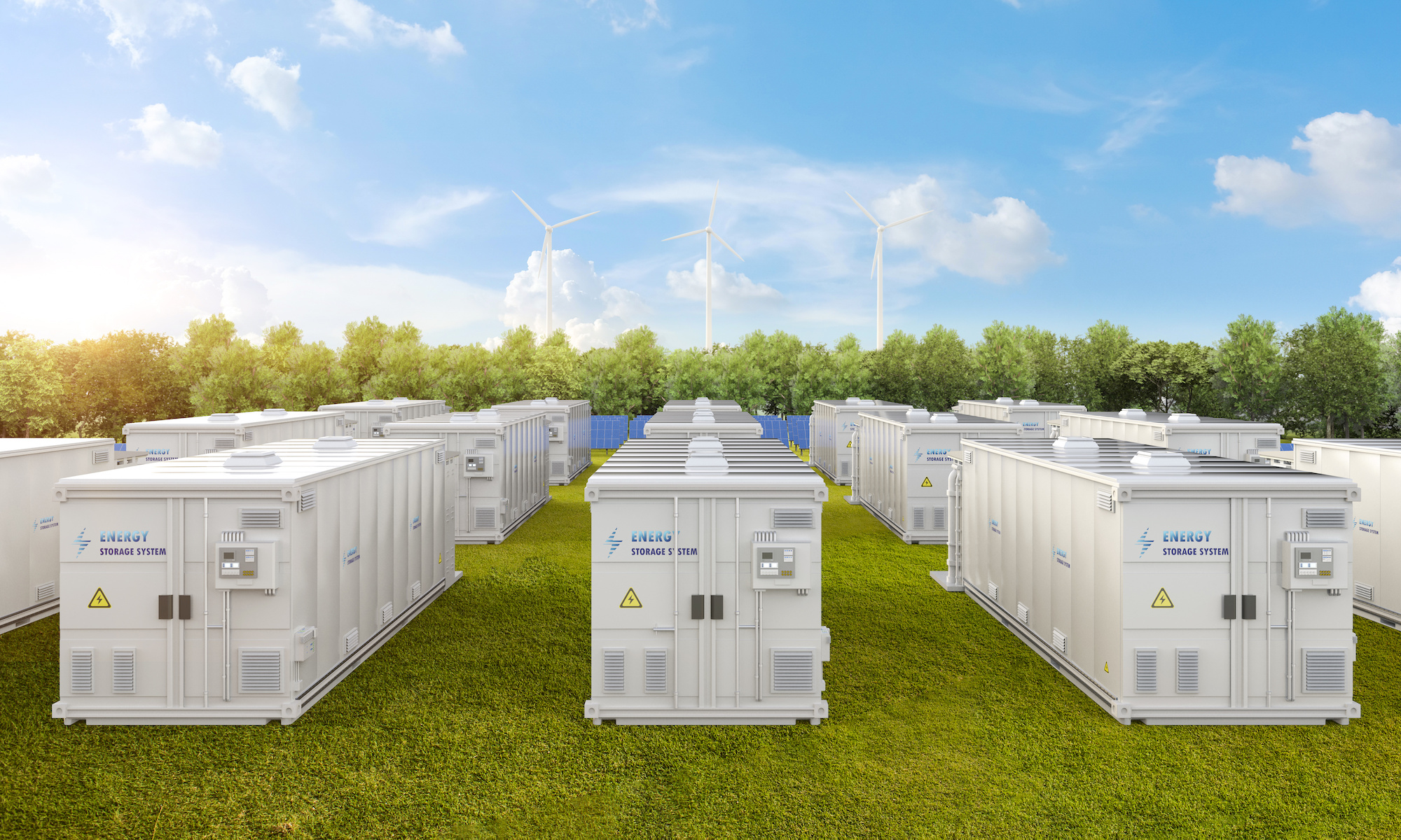 Amount of energy storage systems or battery container units with solar and turbine farm